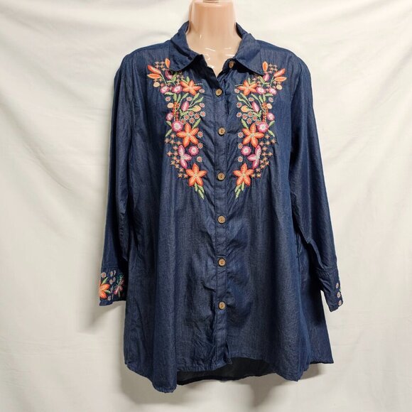 Parsley & Sage Women Embroidered Top Blouse Shirt Size `1X Blue Button Up Collar - Picture 2 of 14